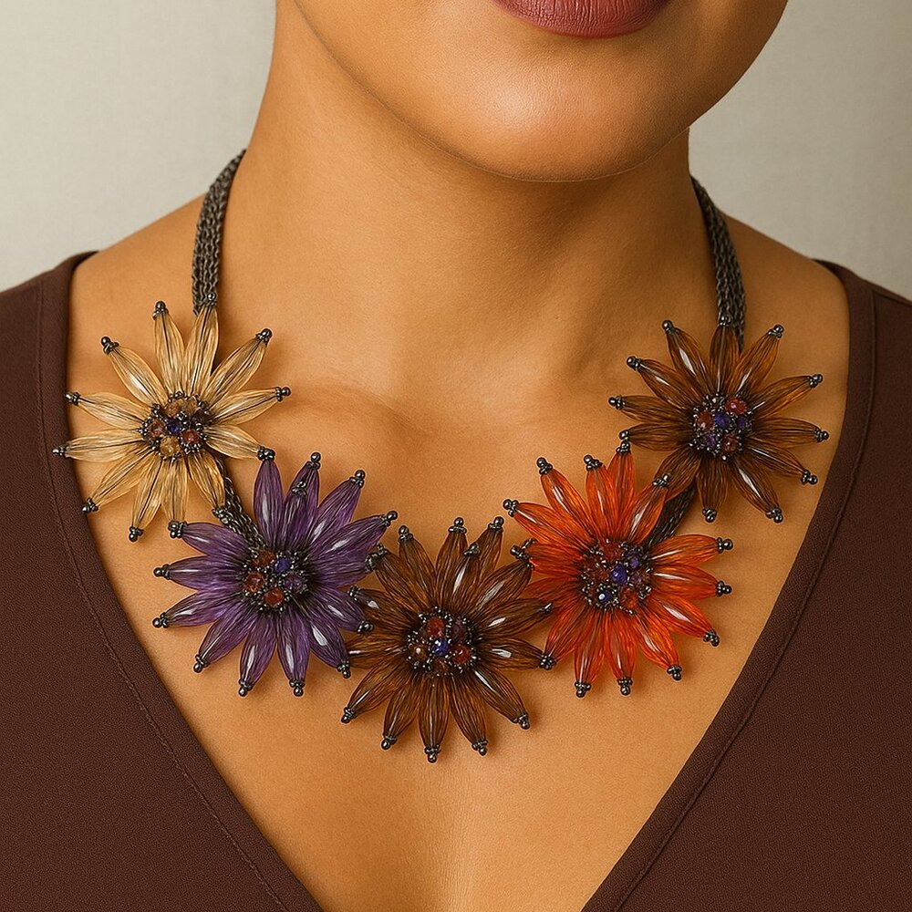 Vintage Joan Rivers‎ Gunmetal Silver Tone Multi-Chain Crystal Flower  Necklace